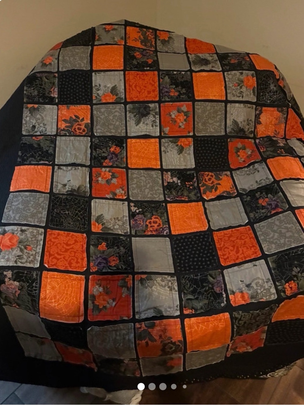 Orange and Black Patchwork Quilt - Floral Checkered Bedspread